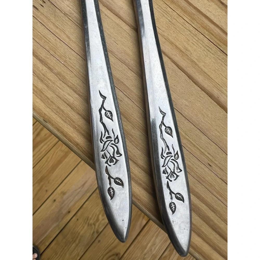 SET OF 2 Vintage National Stainless Flatware CHARMANTE Knives Single Rose, Japan